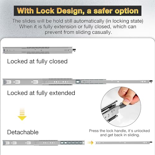 YENUO Heavy Duty Drawer Slides Full Extension with Lock Side Mount 14 16 18 20 22 24 26 28 30 32 34 36 40 Inch Metal Ball Bearing Rails Track Guide Glides Runners 120 Lbs 1 Pair (with Lock, 22 inch) - Image 4