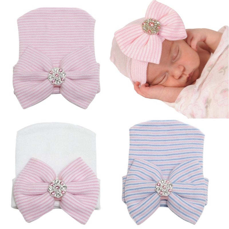 DRESHOW BQUBO 3 Pack Newborn Hospital Hat Infant Baby Hat Cap with Big Bow Soft Cute Knot Nursery Beanie