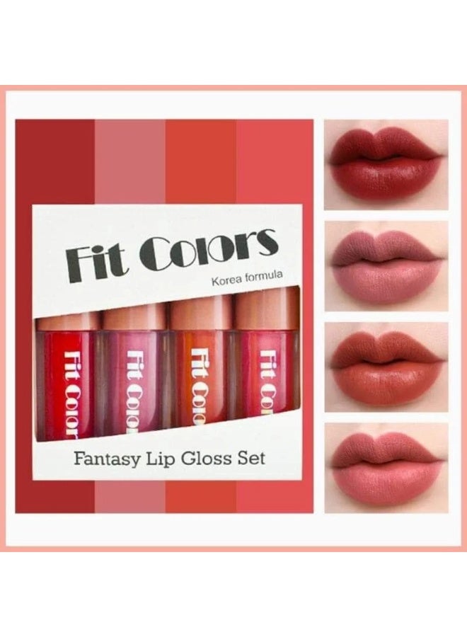 Fit Colors Fantasy Lip Gloss Set - 4-Piece Velvet Matte & Shimmer Liquid Lipstick Collection, Pink & Red Shades - Image 1