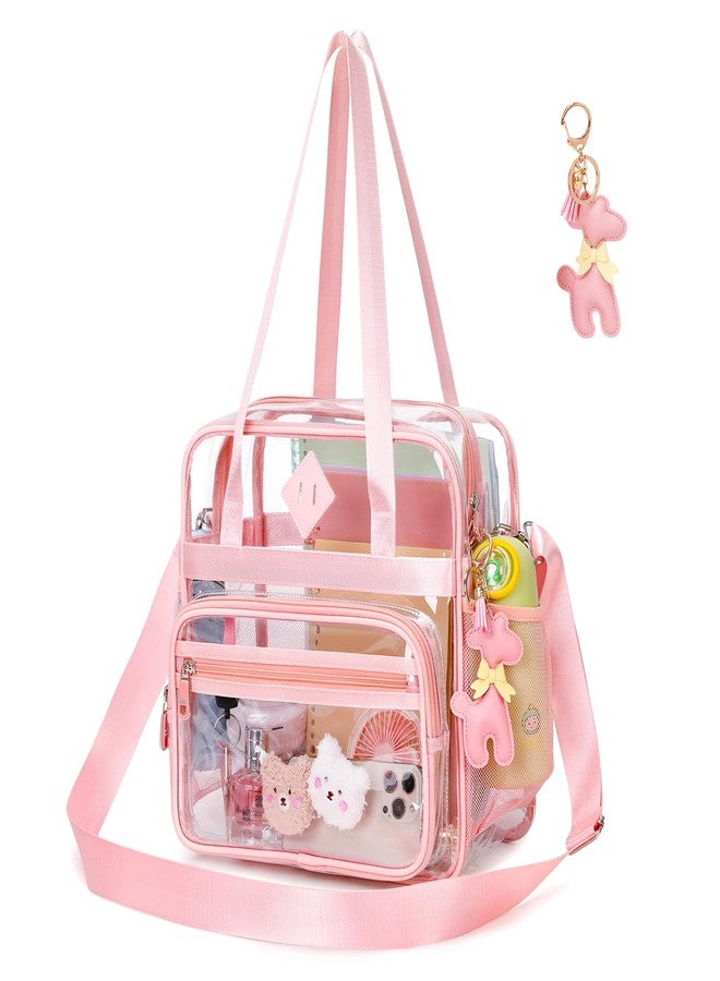PIG PIG GIRL حقيبة تسوق شفافة من PIG PIG GIRL، مقاس 12×6×12، حقيبة شفافة مناسبة للفعاليات الرياضية مع حزام قابل للإزالة، حقيبة شفافة للنساء، حقيبة كتف كروسبودي شفافة للحفلات الموسيقية والمهرجانات والعمل والمدرسة، لون وردي - Image 1