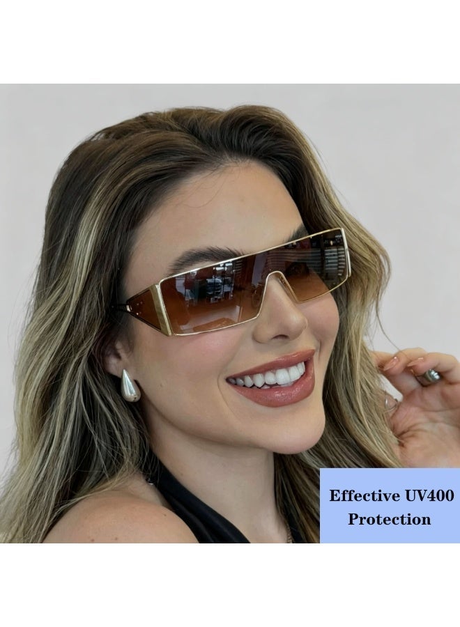 UV400 Retro Shield Sunglasses, Women's Slim Metal Frame Rectangle Eyewear, Lightweight Wrap-Around Sun Glasses for Casual & Fashion - Image 1