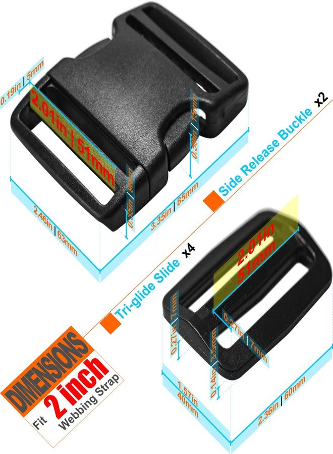 LASIGHT Buckles for 2 inch Wide Webbing Straps: Quick Side Release Buckle Clip 2 set and Tri-Glide Slide 4 pcs Fit 2" Nylon Web Belt, Plastic Snap Fastener Clip Heavy Duty Replacement Dual Adjustable - Image 3