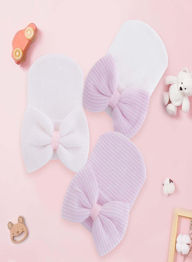 CoolShef 3Pcs New Born Baby Cap Set - Soft Cotton Beanie Cap with Big Bow - Baby Caps for Born 0-12 Months for Girls - Comfortable, Stretchy and Adorable Infant Hats Multicolour - Image 2