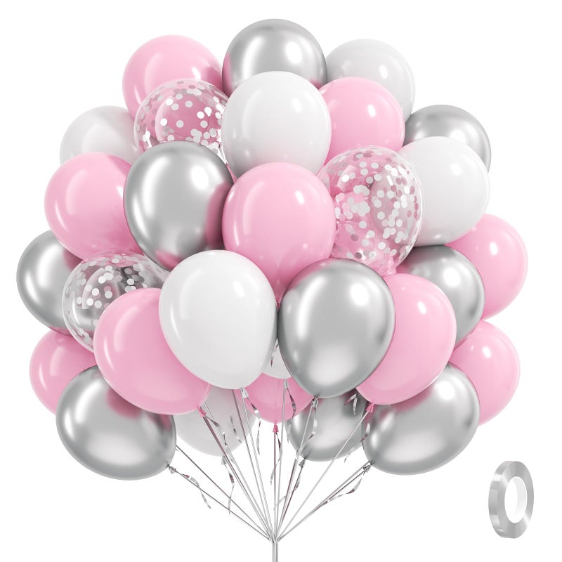 Leraqertra 60pcs Pink and Silver Balloons 12inch with Pink White Silver Confetti Balloons for Graduation Baby Shower Birthday Party Decorations - Image 1