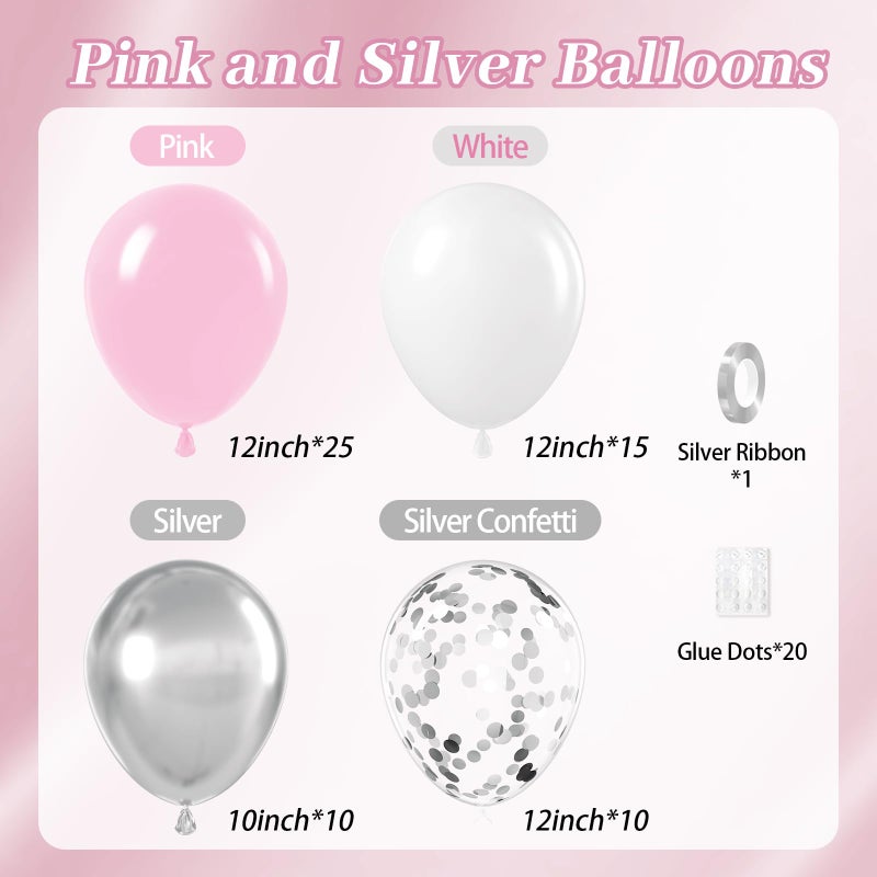 Leraqertra 60pcs Pink and Silver Balloons 12inch with Pink White Silver Confetti Balloons for Graduation Baby Shower Birthday Party Decorations - Image 2