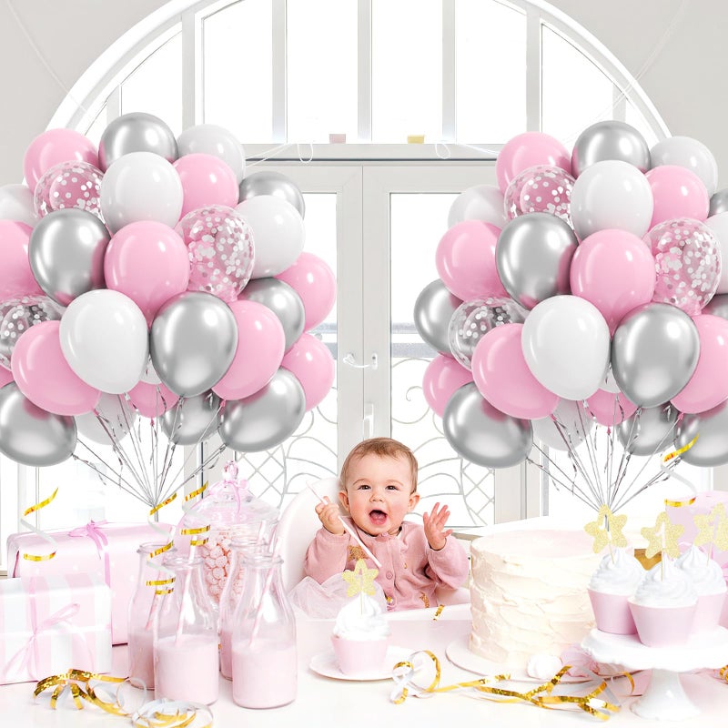 Leraqertra 60pcs Pink and Silver Balloons 12inch with Pink White Silver Confetti Balloons for Graduation Baby Shower Birthday Party Decorations - Image 4