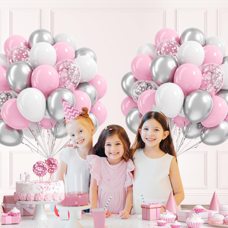 Leraqertra 60pcs Pink and Silver Balloons 12inch with Pink White Silver Confetti Balloons for Graduation Baby Shower Birthday Party Decorations - Image 5