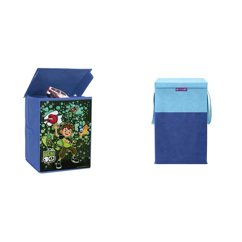 PrettyKrafts PrettyKrafts Ben-10 Toys Organizer Storage Box with Top Lid for Baby Boy's and Girl's (Navy Blue) Folding Laundry Basket for Clothes with Lid & Handle, Toys Organizer, 35 Liters, Blue 