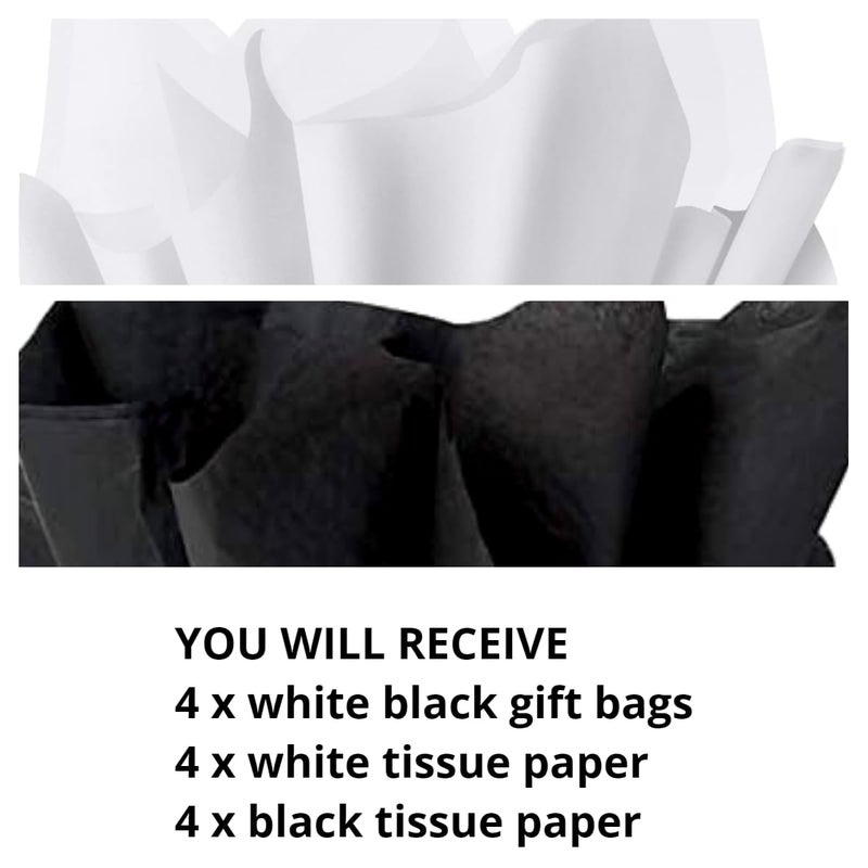 JUNESHE 4 Pack Small White & Black Gift Bags with Tissue Paper,6.3 inch Mini Tiny Little Gift Wrap for Birthday Party Favors Baby Bridal Shower Shopping Presents Wedding - Image 3