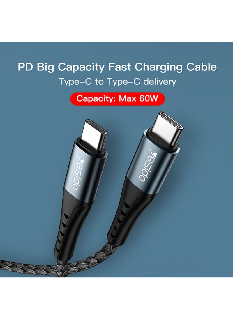 يسيدو CA67 2 متر PD 60W شحن سريع من النوع C إلى تايب سي نايلون للابتوب باستخدام كابل البيانات - أسود