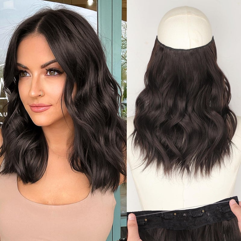 KooKaStyle Invisible Wire Hair Extensions with Transparent Headband Adjustable Size 4 Secure Clips Long Wavy Synthetic Hairpiece Rich Dark Brown with Warm Tones/6# for Women(12 Inch) - Image 1