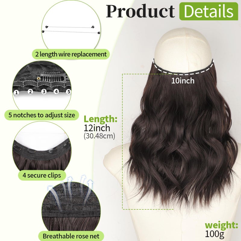 KooKaStyle Invisible Wire Hair Extensions with Transparent Headband Adjustable Size 4 Secure Clips Long Wavy Synthetic Hairpiece Rich Dark Brown with Warm Tones/6# for Women(12 Inch) - Image 2