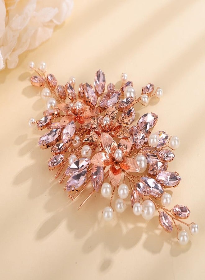 Rumtock Pink Rhinestones Beads Rose Gold Hair Comb Side Headpiece for Wedding Brides Bridesmaids Prom Hair Jewelry (Pink) - Image 4