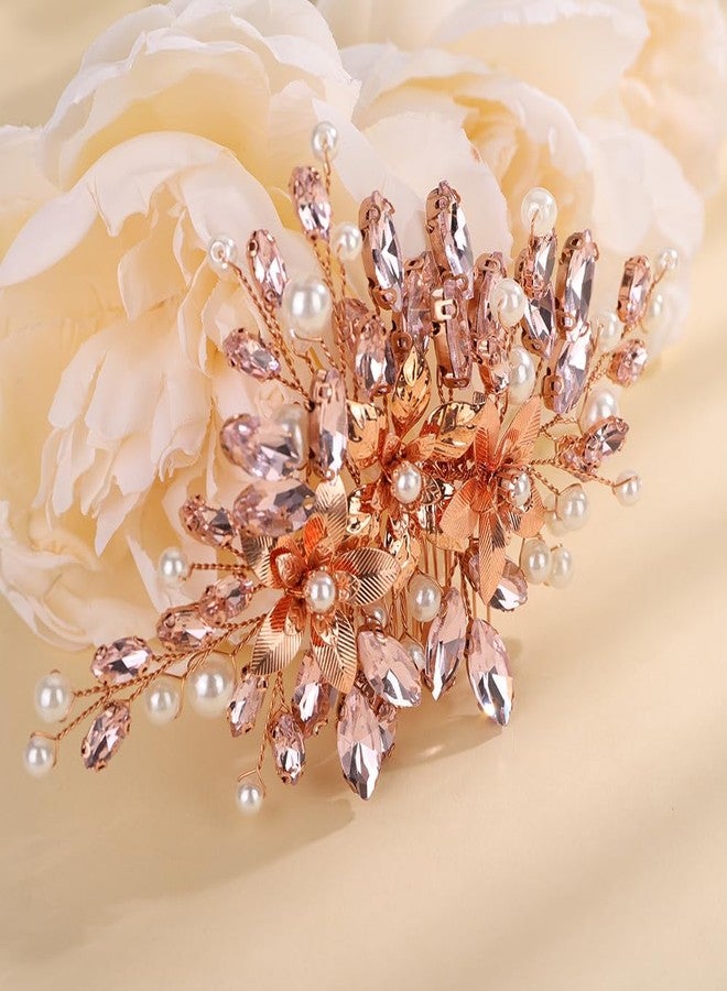 Rumtock Pink Rhinestones Beads Rose Gold Hair Comb Side Headpiece for Wedding Brides Bridesmaids Prom Hair Jewelry (Pink) - Image 5