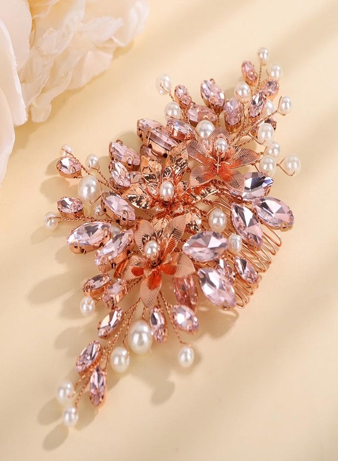 Rumtock Pink Rhinestones Beads Rose Gold Hair Comb Side Headpiece for Wedding Brides Bridesmaids Prom Hair Jewelry (Pink) - Image 3