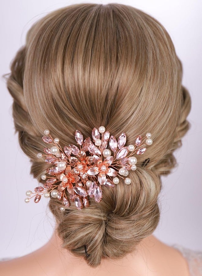 Rumtock Pink Rhinestones Beads Rose Gold Hair Comb Side Headpiece for Wedding Brides Bridesmaids Prom Hair Jewelry (Pink) - Image 1