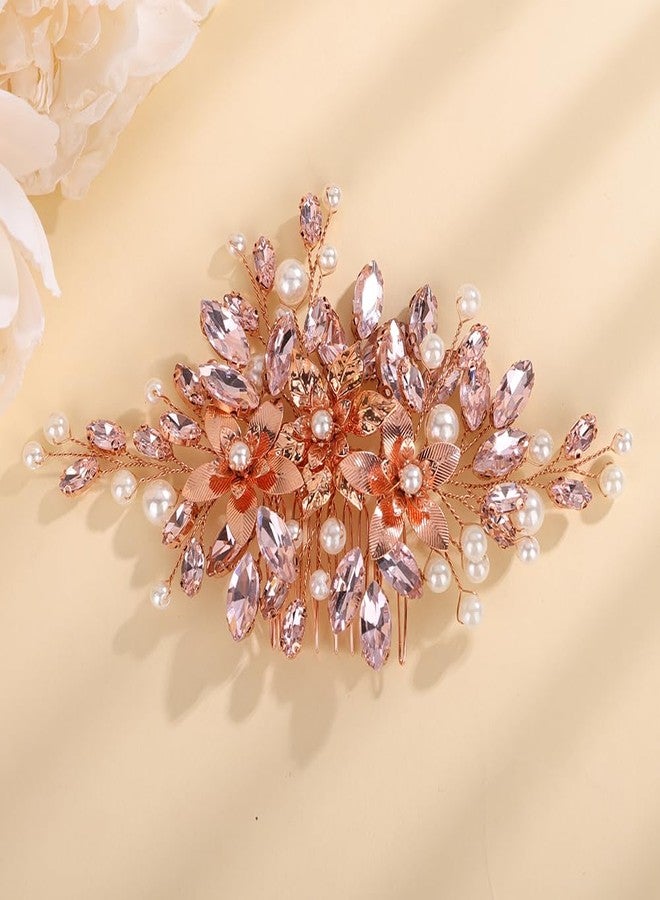 Rumtock Pink Rhinestones Beads Rose Gold Hair Comb Side Headpiece for Wedding Brides Bridesmaids Prom Hair Jewelry (Pink) - Image 2