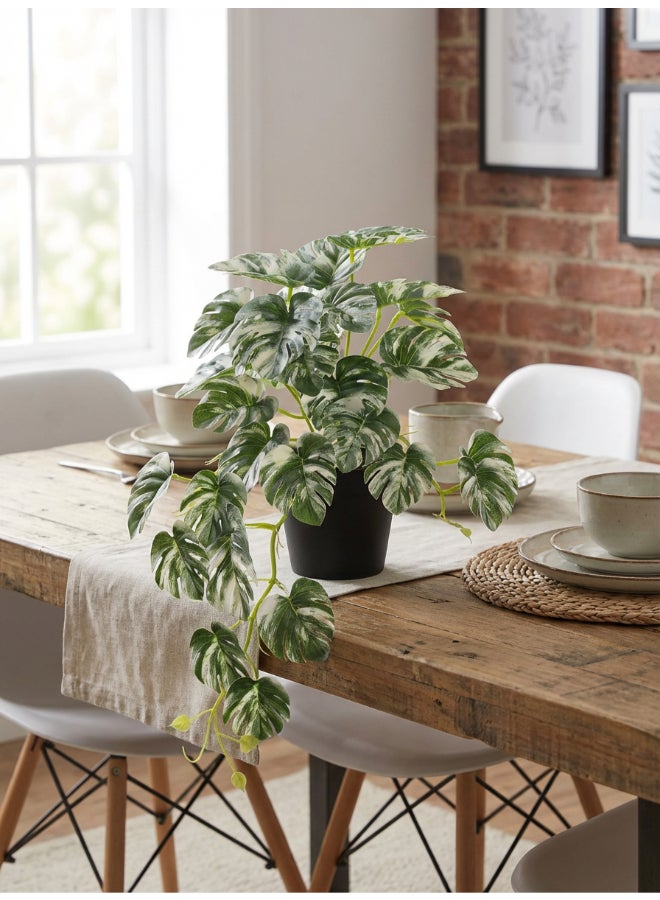 Noon East Monstera 45cm Tall Artificial Plant with Pot | Desk Plant with Lifelike Design & Texture - Green & White | Decorative Natural Texture Plant for Home, Living Room, Study & Office spaces - Image 1
