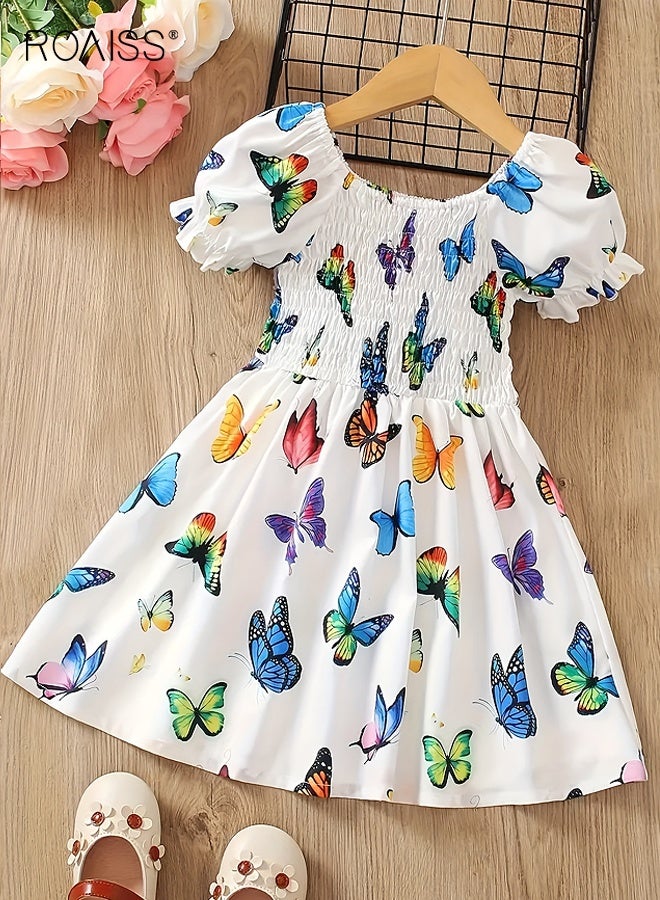 roaiss Girls Summer Dress with Butterfly Patterns, Vintage Puff Sleeves Dress, Stylish Casual Dress, Suit for Daily Wear or Any Occasion  - Image 2