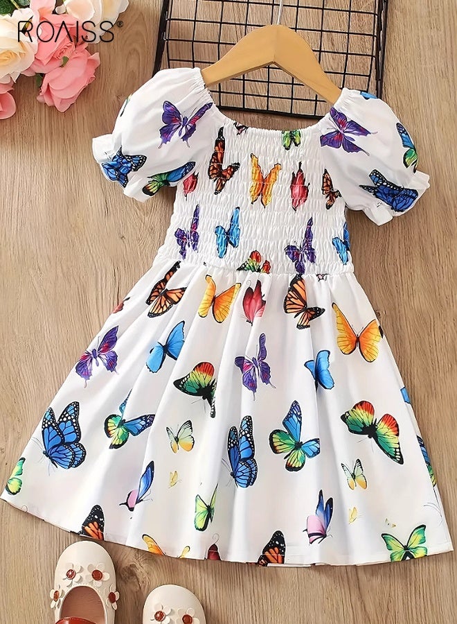 roaiss Girls Summer Dress with Butterfly Patterns, Vintage Puff Sleeves Dress, Stylish Casual Dress, Suit for Daily Wear or Any Occasion  - Image 1