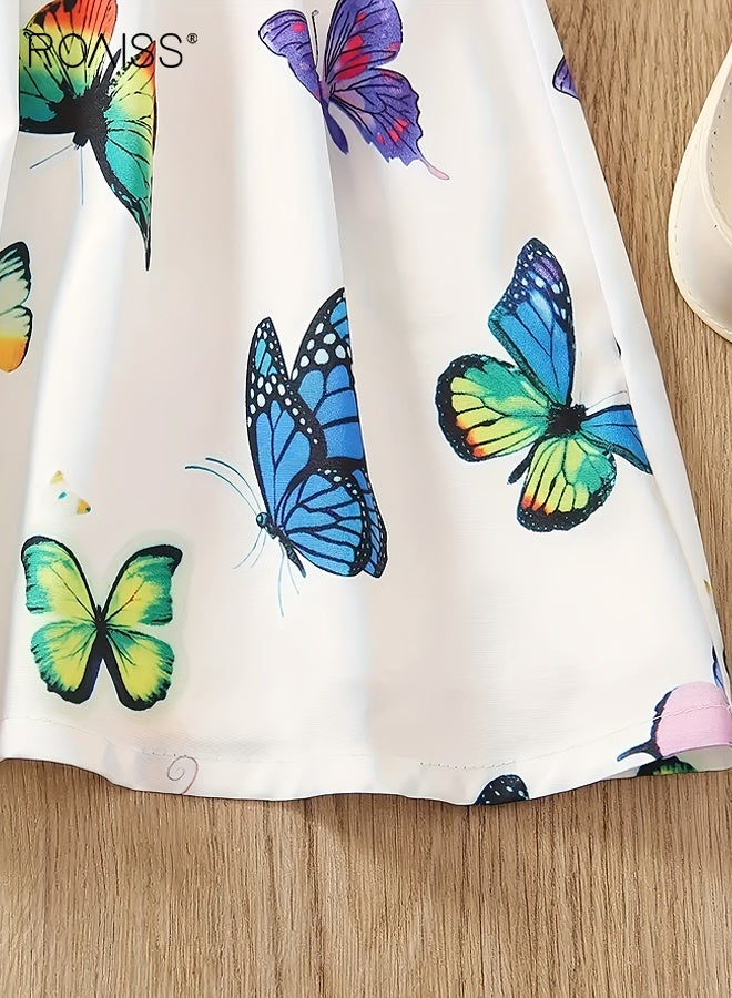roaiss Girls Summer Dress with Butterfly Patterns, Vintage Puff Sleeves Dress, Stylish Casual Dress, Suit for Daily Wear or Any Occasion  - Image 3