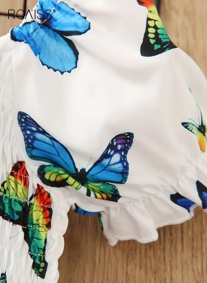 roaiss Girls Summer Dress with Butterfly Patterns, Vintage Puff Sleeves Dress, Stylish Casual Dress, Suit for Daily Wear or Any Occasion Comfortable Casual Soft and Breathable A-Line Dress - Image 5