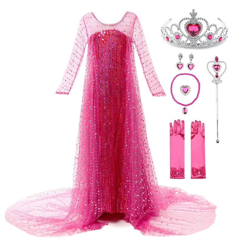 JerrisApparel Girls Princess Costume Birthday Party Christmas Fancy Dress up (8, Hot Pink with Accessories) - Image 1