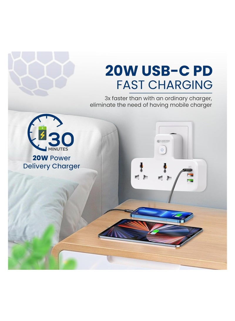 Caroski - سلك تمديد البرج - 6 مقبس طاقة مع 4 محطة شاحن USB - مستلزمات مكاتب متعددة اللوازم مثبطات Fire -Plug Cable (امتداد T)