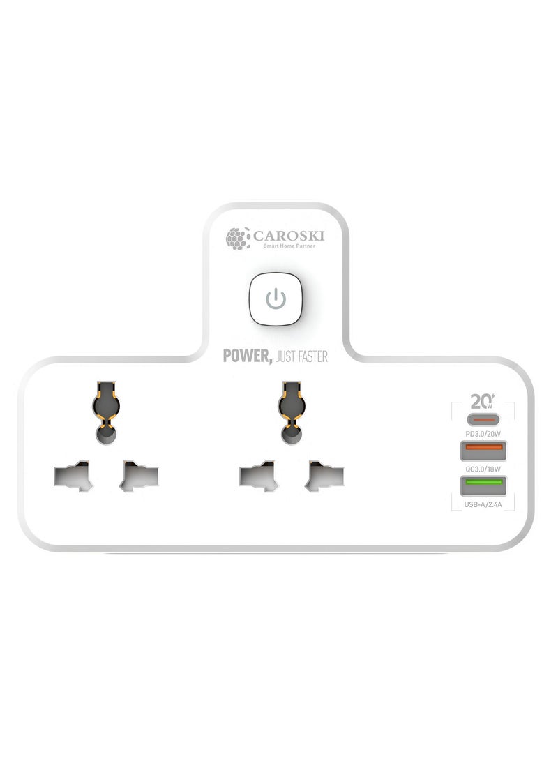 كاروسكي مقبس تمديد متعدد المنافذ | منفذ شحن سريع USB-C PD بقوة ٢٠ واط | منفذان USB-A، ومنفذ QC 3.0 بقوة ١٨ واط و٢.٤ أمبير | محول حائط عالمي | قابس ثلاثي السنون من المملكة المتحدة مزود بإضاءة للمنزل والمكتب - Image 1