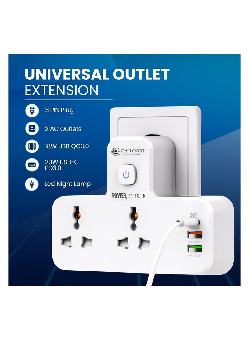 كاروسكي مقبس تمديد متعدد المنافذ | منفذ شحن سريع USB-C PD بقوة ٢٠ واط | منفذان USB-A، ومنفذ QC 3.0 بقوة ١٨ واط و٢.٤ أمبير | محول حائط عالمي | قابس ثلاثي السنون من المملكة المتحدة مزود بإضاءة للمنزل والمكتب - Image 2