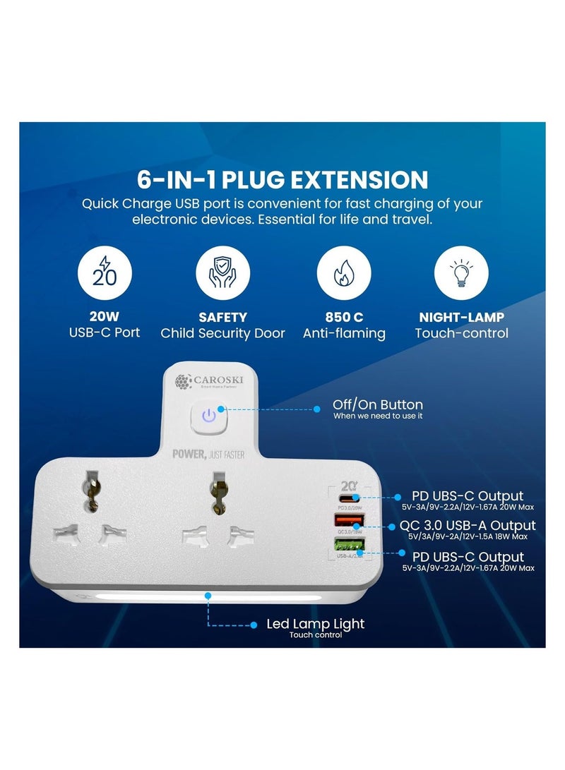 كاروسكي مقبس تمديد متعدد المنافذ | منفذ شحن سريع USB-C PD بقوة ٢٠ واط | منفذان USB-A، ومنفذ QC 3.0 بقوة ١٨ واط و٢.٤ أمبير | محول حائط عالمي | قابس ثلاثي السنون من المملكة المتحدة مزود بإضاءة للمنزل والمكتب - Image 3