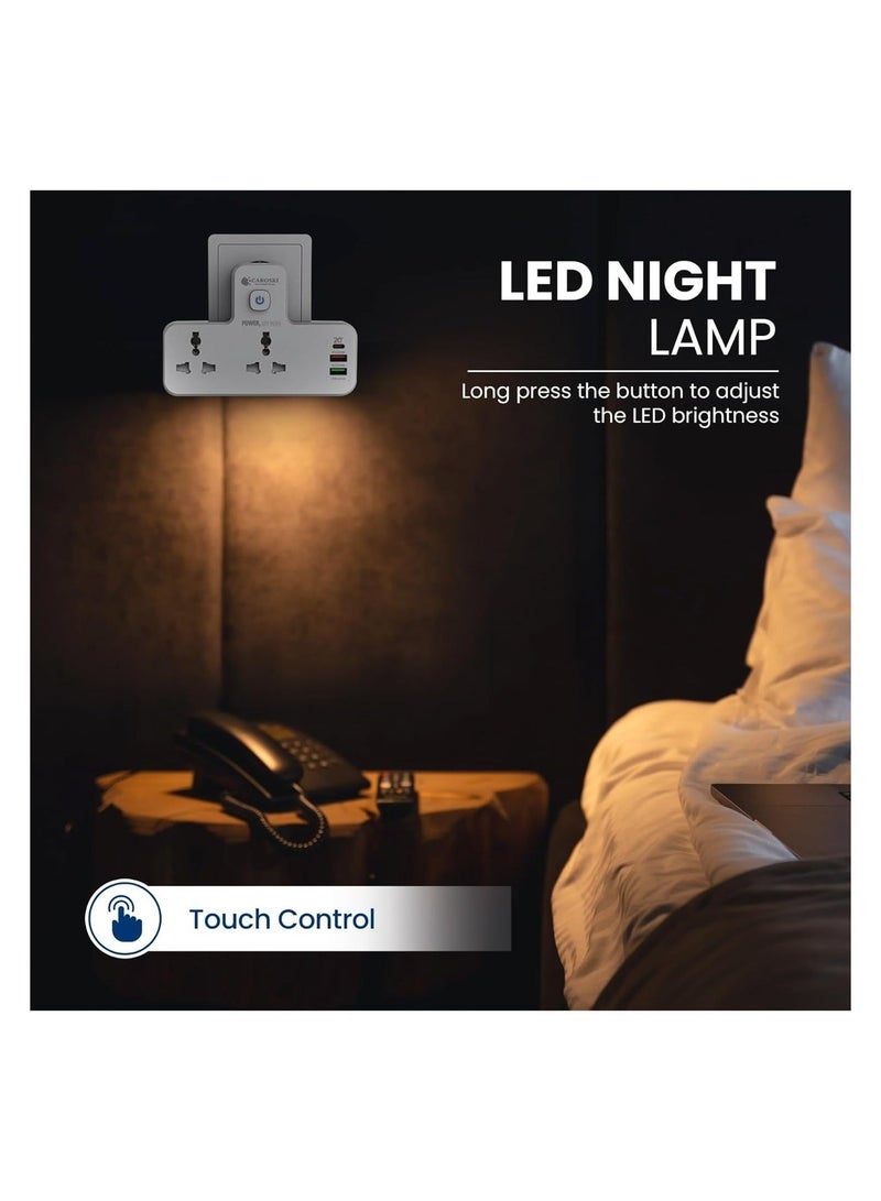 كاروسكي مقبس تمديد متعدد المنافذ | منفذ شحن سريع USB-C PD بقوة ٢٠ واط | منفذان USB-A، ومنفذ QC 3.0 بقوة ١٨ واط و٢.٤ أمبير | محول حائط عالمي | قابس ثلاثي السنون من المملكة المتحدة مزود بإضاءة للمنزل والمكتب - Image 4