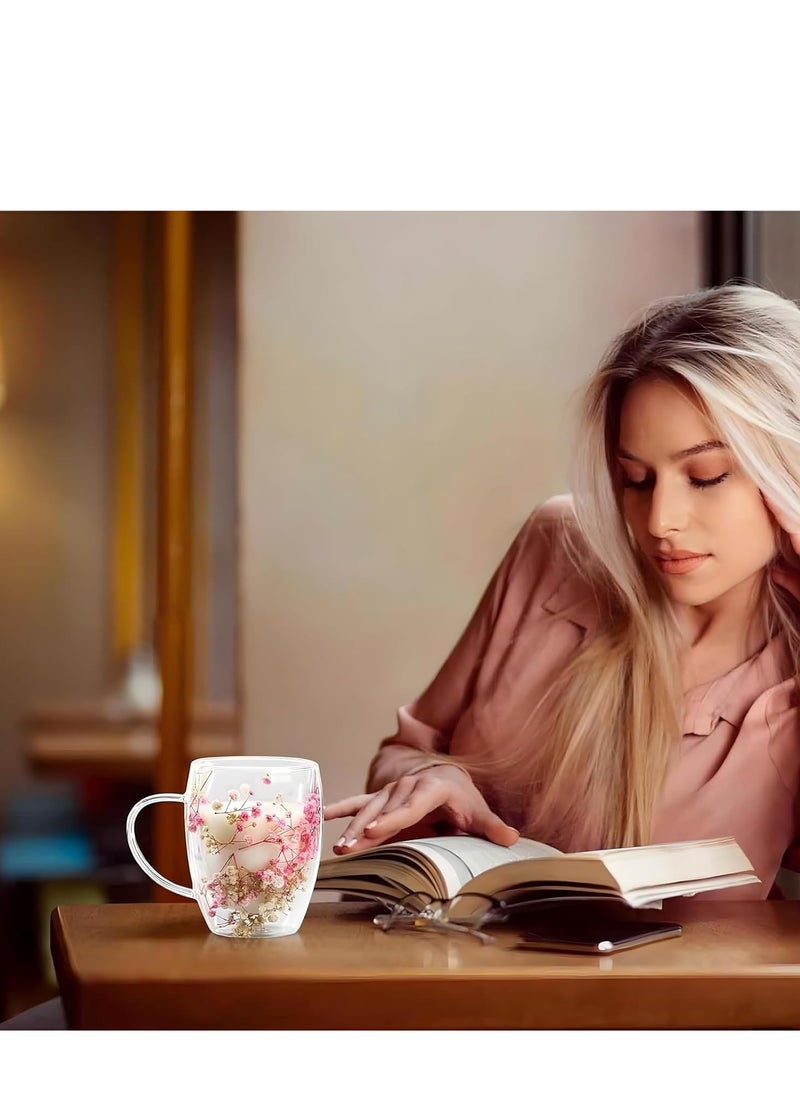 بست ستور كوب قهوة زجاجي مزدوج الجدران عازل للحرارة  مع مقبض و زهور مجففة سعة 450 مل كوب شاي للبارد و الساخن يصلح كهدايا عيد ميلاد للزوجة والأم  - Image 3