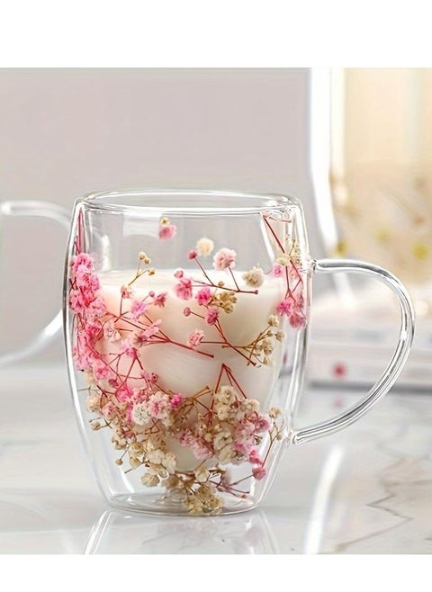 Double Walled Glass Hot and Cold Coffee Mug with Handle and Dried Flower Heat-Isolated 450ml Capacity Tea Cup Summer Winter Drinkware Birthday Gifts for Wife and Mother
