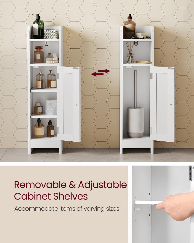 VASAGLE Small Storage Corner Floor Cabinet with Door, 7.9 x 7.1 x 31.5 Inches, Narrow Toilet Paper Storage Holder, Adjustable Shelves, for Bathroom, Living Room, Small Spaces, Cloud White UBBC310W01 - Image 4