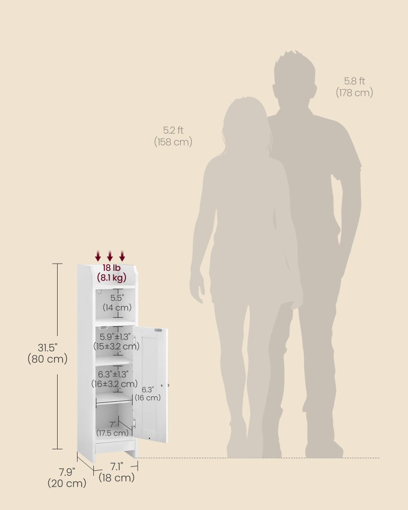 VASAGLE Small Storage Corner Floor Cabinet with Door, 7.9 x 7.1 x 31.5 Inches, Narrow Toilet Paper Storage Holder, Adjustable Shelves, for Bathroom, Living Room, Small Spaces, Cloud White UBBC310W01 - Image 5
