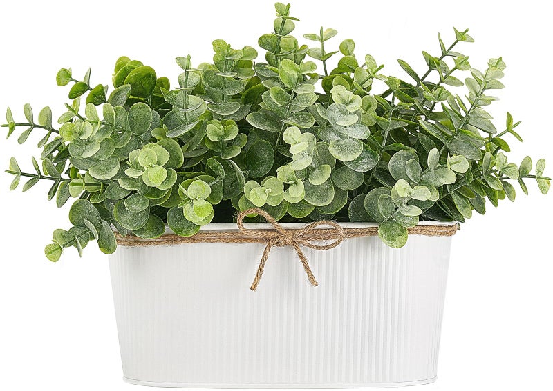 Dahey Fake Eucalyptus Plants Indoor for Farmhouse Home Decor Artificial Faux Plants in Rustic Rectangular Pots Table Centerpiece for Bathroom Office Living Room Shelf Laundry Decor, 7" L x 4" H - Image 1