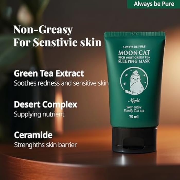 Always be Pure Green Tea Sleeping Mask 75ml – Rich Moisture Night Mask, Hypoallergenic, Calms Redness, Deep Hydration for Sensitive Skin, Non-Sticky Korean Skincare - Image 3