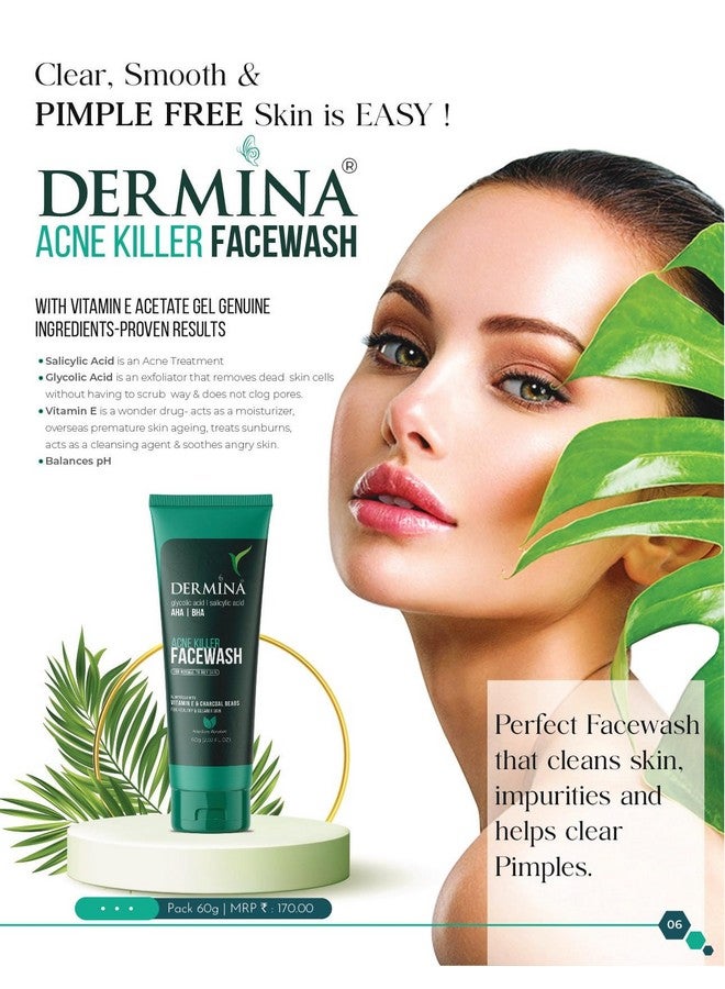 BLUEKITES Dermina Anti Acne Facewash 60gm( Pack of 3) - Image 1