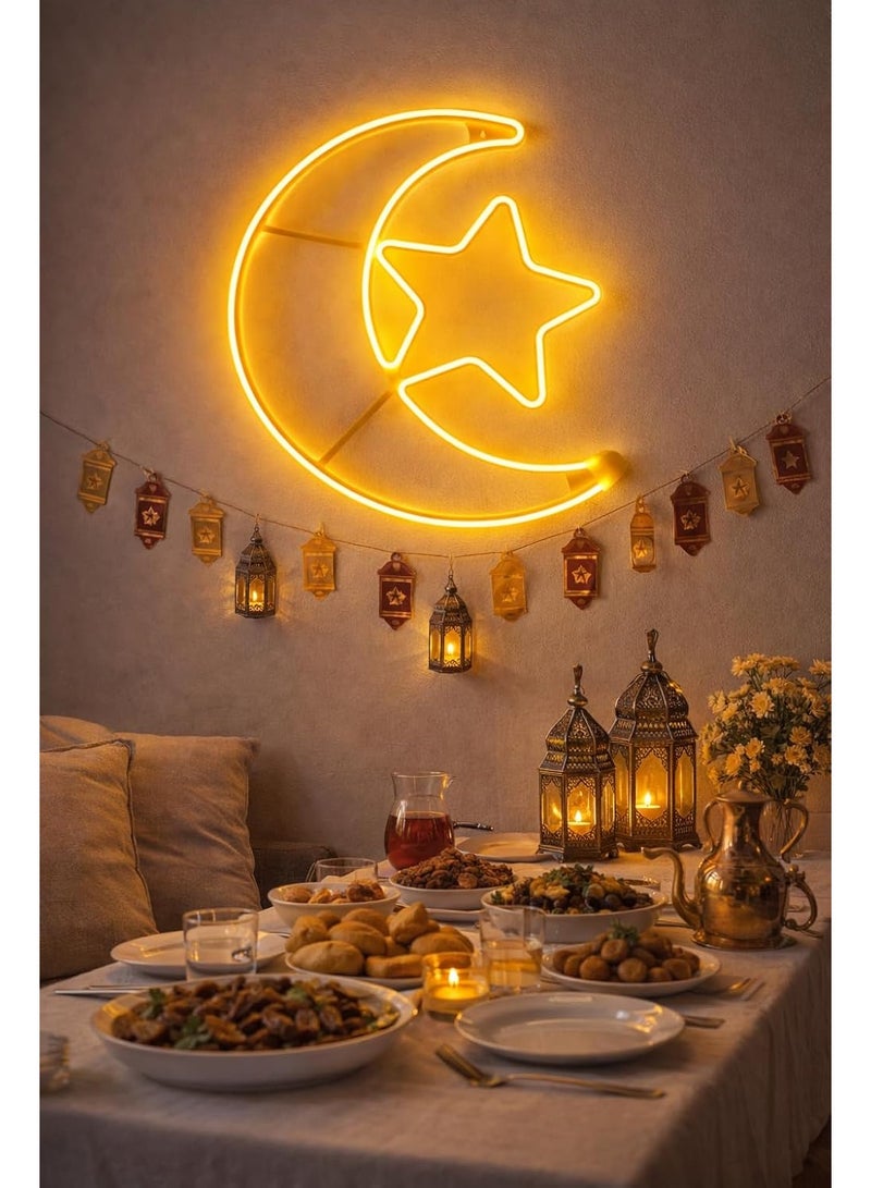 NAMA Crescent and star LED light for Ramadan decoration – elegant Ramadan home decor – warm energy-saving light (neon and warm, 40cm) - Image 4