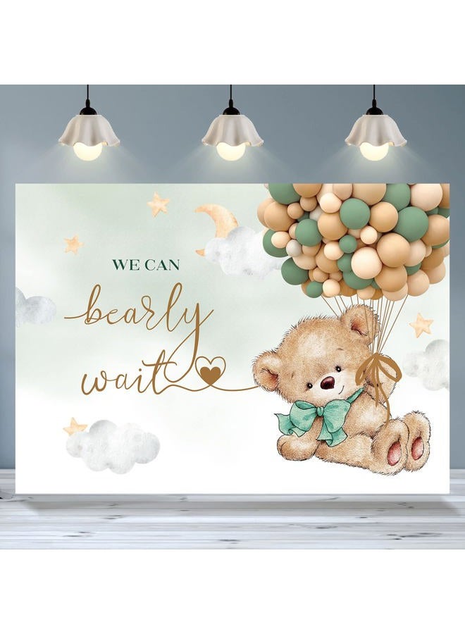Rsuuinu Bear Themed Backdrop Boy Bear Balloons Green and Gold Baby Shower Photography Background We Can Bearly Wait Baby Shower Party Decorations Cake Table Banner Supplies Photo Booth Props 7x5ft - Image 1