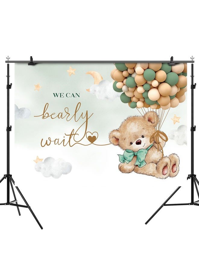 Rsuuinu Bear Themed Backdrop Boy Bear Balloons Green and Gold Baby Shower Photography Background We Can Bearly Wait Baby Shower Party Decorations Cake Table Banner Supplies Photo Booth Props 7x5ft - Image 2