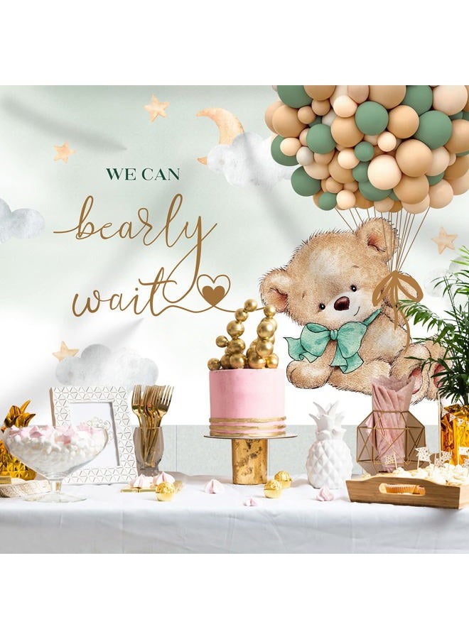 Rsuuinu Bear Themed Backdrop Boy Bear Balloons Green and Gold Baby Shower Photography Background We Can Bearly Wait Baby Shower Party Decorations Cake Table Banner Supplies Photo Booth Props 7x5ft - Image 4
