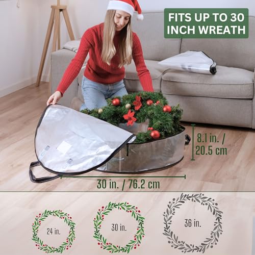 VENO 2 Pack Front Door Wreath Storage Container For Summer - 30 Inch Clear Wreath Bag, Christmas Garland Decoration Organizers with Zipper and Durable Handles (Clear, 30"-2 Pack) - Image 2