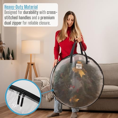 VENO 2 Pack Front Door Wreath Storage Container For Summer - 30 Inch Clear Wreath Bag, Christmas Garland Decoration Organizers with Zipper and Durable Handles (Clear, 30"-2 Pack) - Image 5