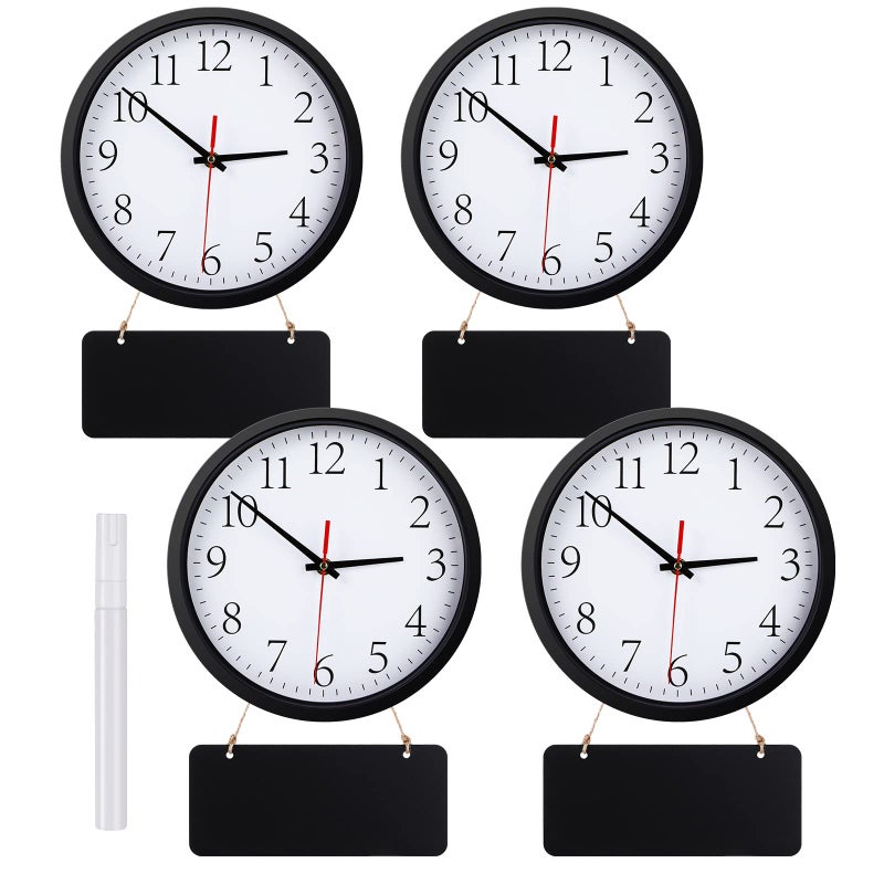 Juinte Juinte 4 Pcs Silent Wall Clocks 10 Inch Multi Time Clock Battery Operated Round Timepiece with 4 Pcs Black Hanging Chalkboard and White Marker Pen for Home Room Kitchen School Office 