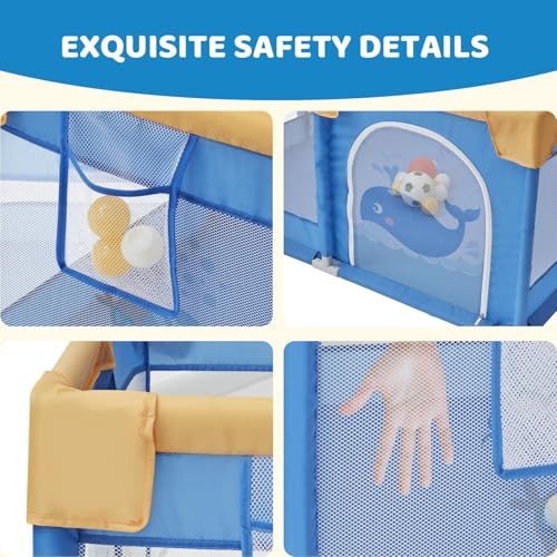 Dawnwake 120x120 cm Playpen for Baby up to 3 Years with Safety Lock & Anti-Fall Grasp Rings (No Ball/No Mat, Non-Foldable) - Blue - Image 3
