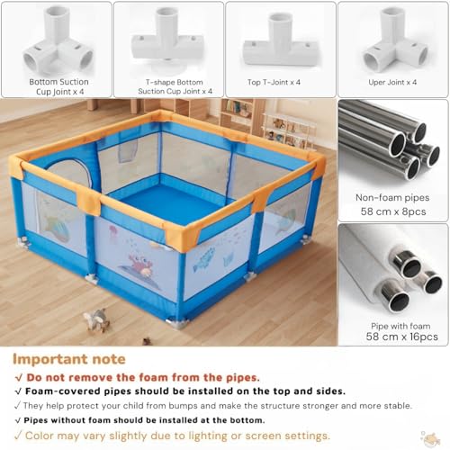 Dawnwake 120x120 cm Playpen for Baby up to 3 Years with Safety Lock & Anti-Fall Grasp Rings (No Ball/No Mat, Non-Foldable) - Blue - Image 4