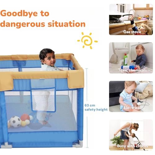 Dawnwake 120x120 cm Playpen for Baby up to 3 Years with Safety Lock & Anti-Fall Grasp Rings (No Ball/No Mat, Non-Foldable) - Blue - Image 2
