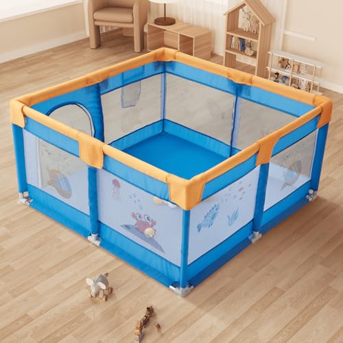 Dawnwake 120x120 cm Playpen for Baby up to 3 Years with Safety Lock & Anti-Fall Grasp Rings (No Ball/No Mat, Non-Foldable) - Blue - Image 1